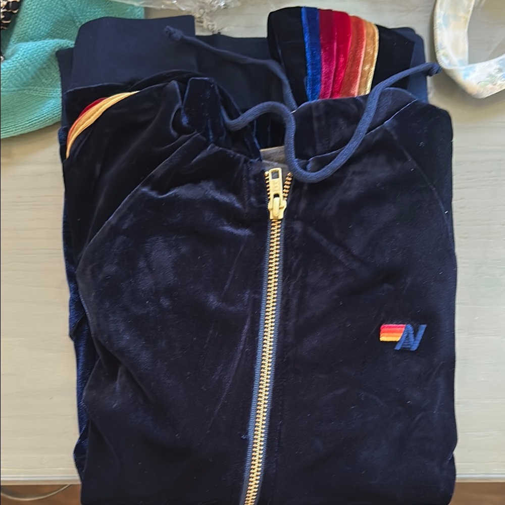 Navy Blue Velour Jacket with Rainbow Stripes